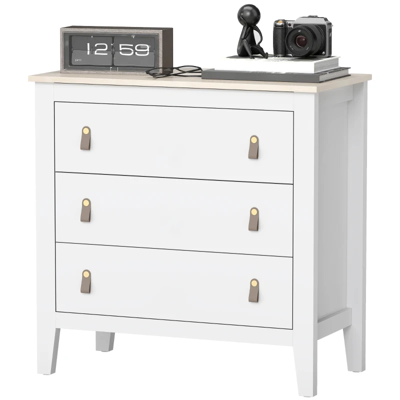 HOMCOM Commode 3 tiroirs meuble de rangement style contemporain avec poignées en polyuréthane, 80 x 40 x 78,5 cm, blanc