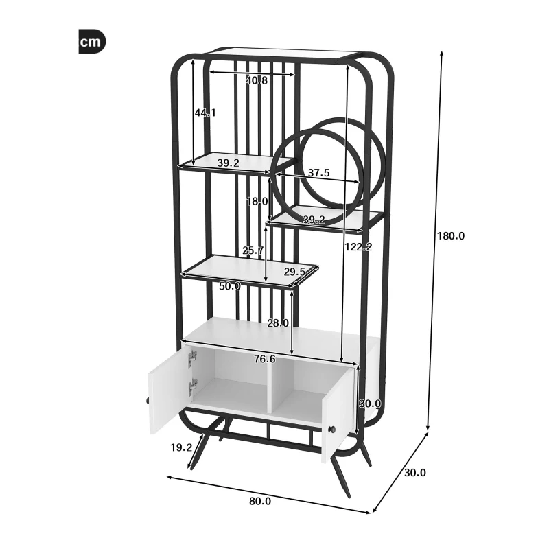 Metallregal mit drei Regalböden und runder Dekoration, weißer Lagerschrank mit Doppeltür, 80 x 30 x 180 cm, Weiß+Schwarz