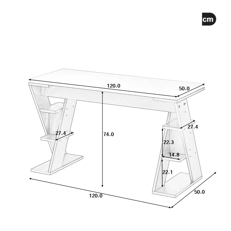 Schreibtisch mit X-förmiger Halterung, 120cm Größe und sechs Positionen Lagerregal Grau Weiß
