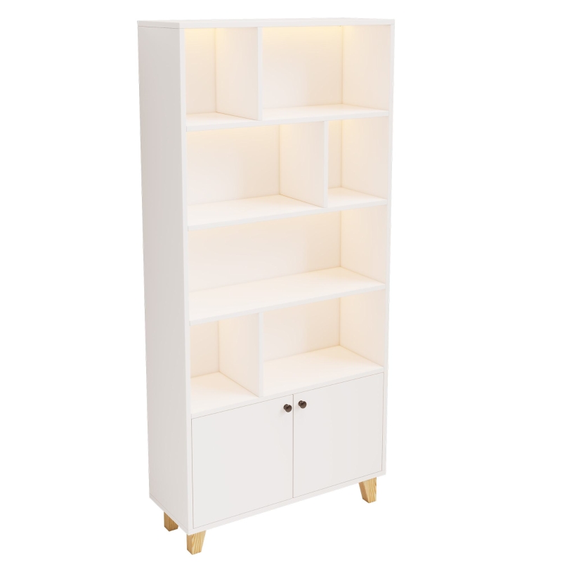 Bücherregal mit LED-Farbwechsel-Ambientelicht, Doppeltüren und mehreren Ablagefächern, 80 x 30 x 173 cm, Weiß