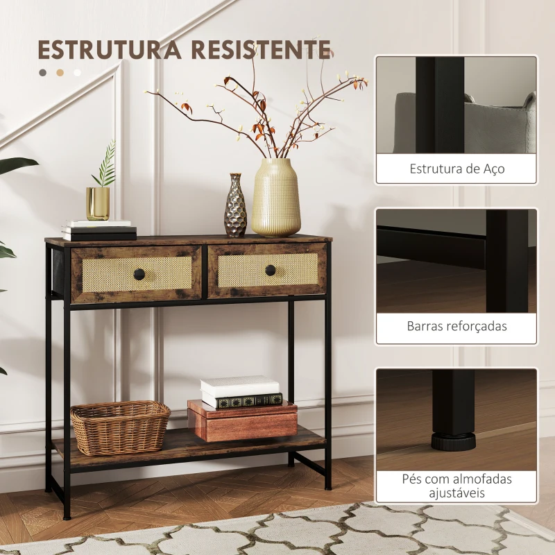 HOMCOM Mesa Consola Móvel de Entrada com Prateleira Aberta 2 Gavetas Frente em Vime Consola de Entrada 80x30x75 cm Marrom Rústico