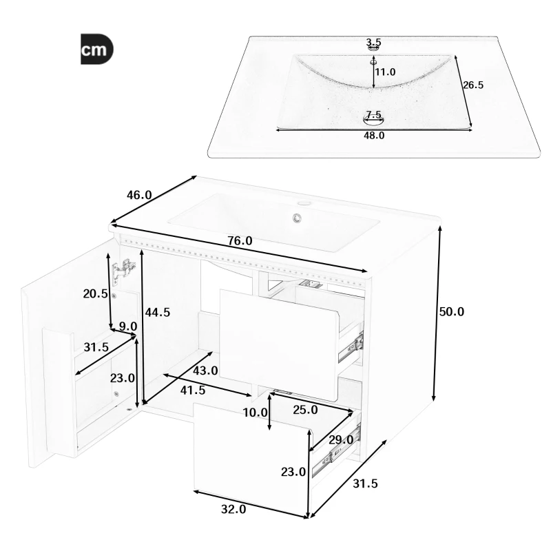 Wandhängender Badezimmerschrank mit LED-Radarsensor-Beleuchtung, zwei Schubladen und integriertem Keramikwaschbecken, 76x 46 x 50 cm, Weiß