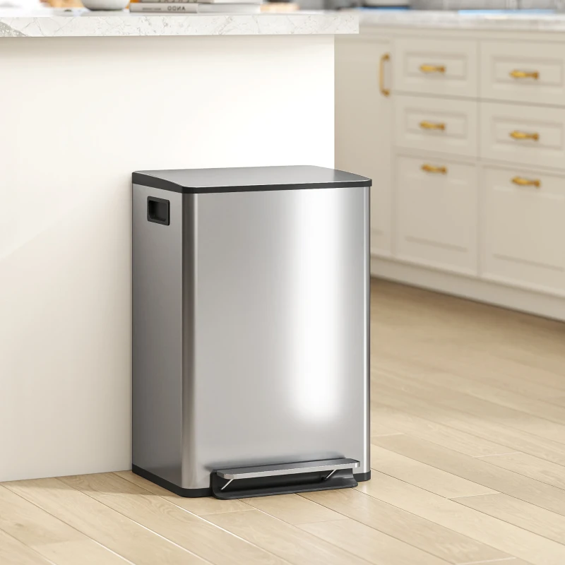 HOMCOM 50L Kitchen Step Bin — Soft-Close Lid, Removable Inner Bucket, Silver