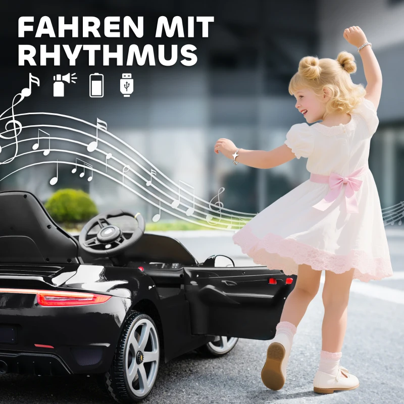 AIYAPLAY 12V Kinderauto | 2× motor | 2,4 GHz RC | Softstart & geveerd | MP3/USB en LED — Zwart
