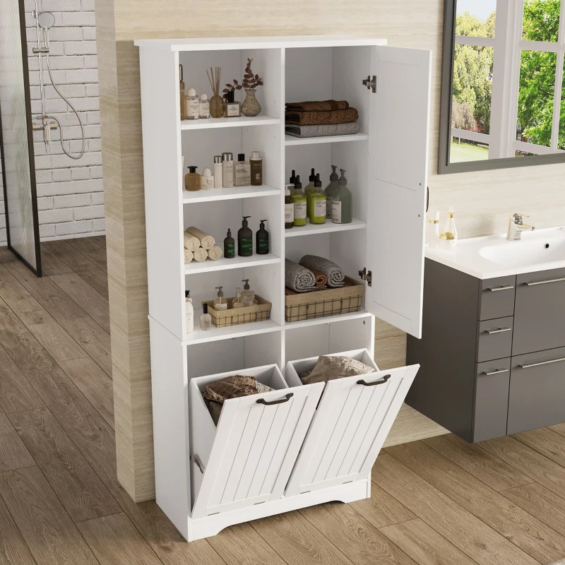 Badezimmerschrank mit doppeltem Wäschekorb, verstellbare Regale, viel Stauraum, 78 x 35 x 172,7 cm, Weiß