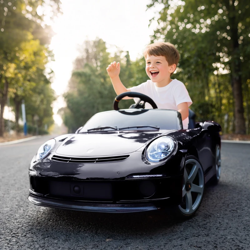 AIYAPLAY 12V Kinderauto | 2× motor | 2,4 GHz RC | Softstart & geveerd | MP3/USB en LED — Zwart