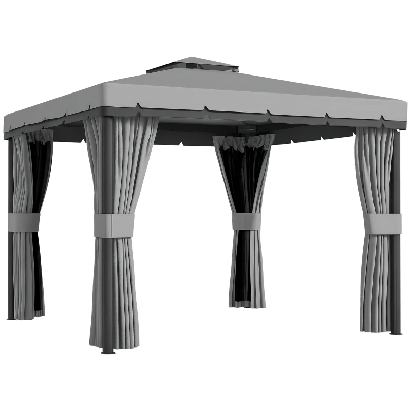 Outsunny 3 x 3(m) Patio Gazebo Canopy Garden Pavilion Tent Shelter Marquee with 2 Tier Roof, Netting and Curtains, Light Grey
