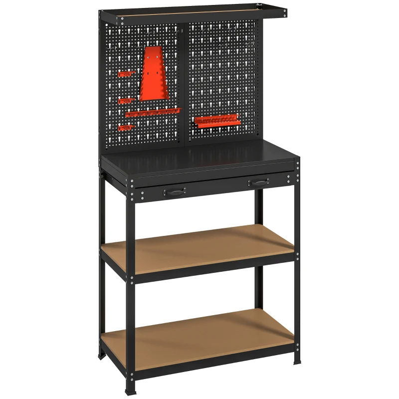 HOMCOM Banco da Lavoro con Pannello Portautensili Forato, 2 Ripiani e Cassetto, in Acciaio e Legno, 80x40.5x155 cm, Nero