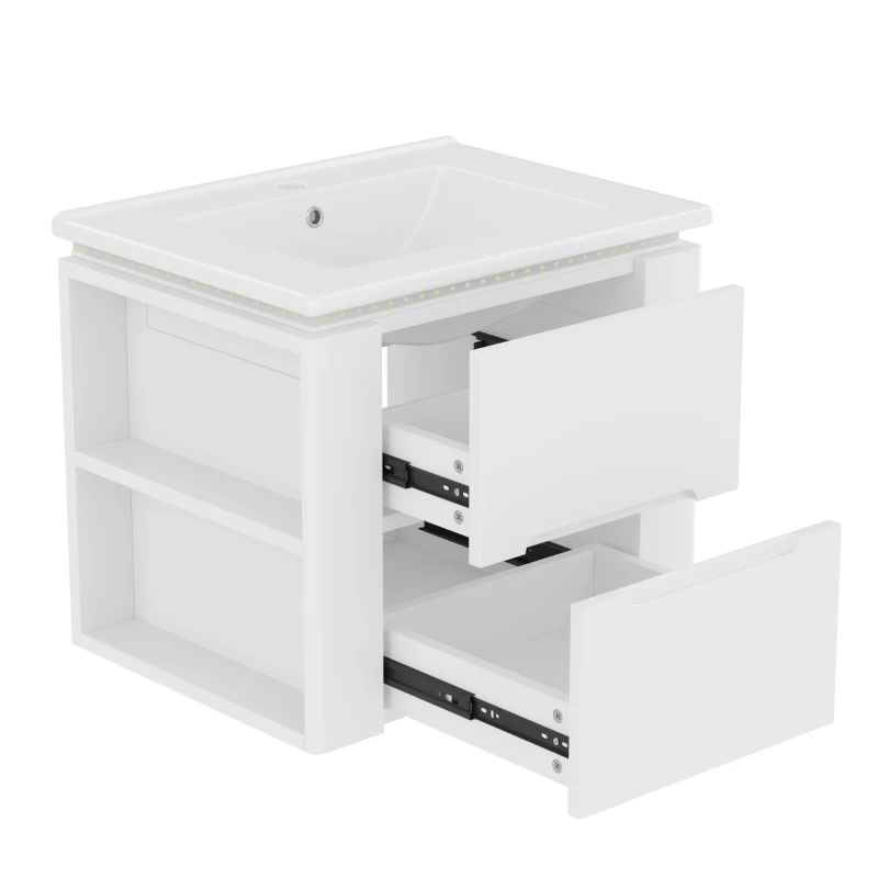 Wandhängender Badezimmerschrank mit LED-Radarsensor-Beleuchtung, zwei Schubladen und seitlichen Ablagen, 61 x 46 x 50 cm, Weiß