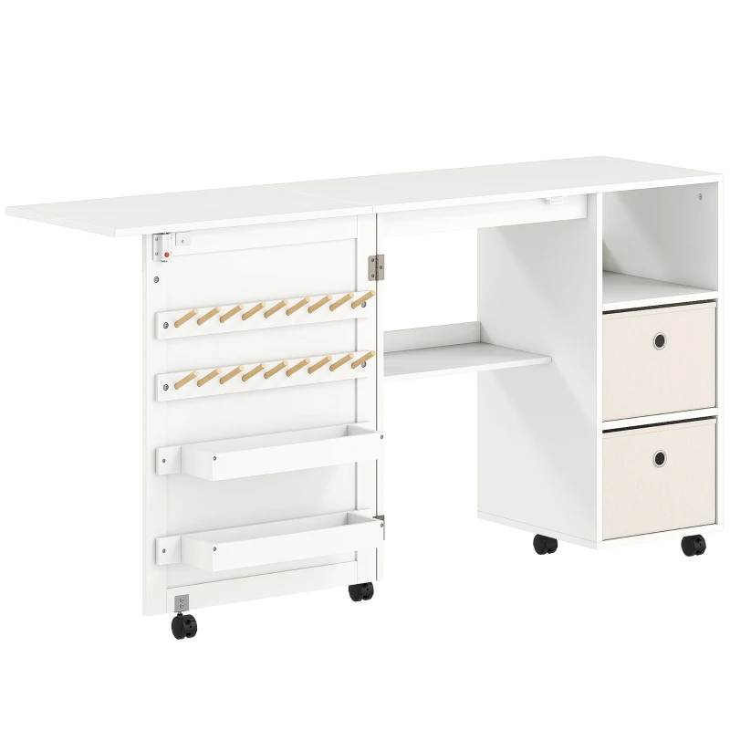 HOMCOM Mesa de Costura Plegable con 6 Ruedas 18 Clavijas para Hilos 2 Cajones de Tela y 3 Compartimentos Blanco