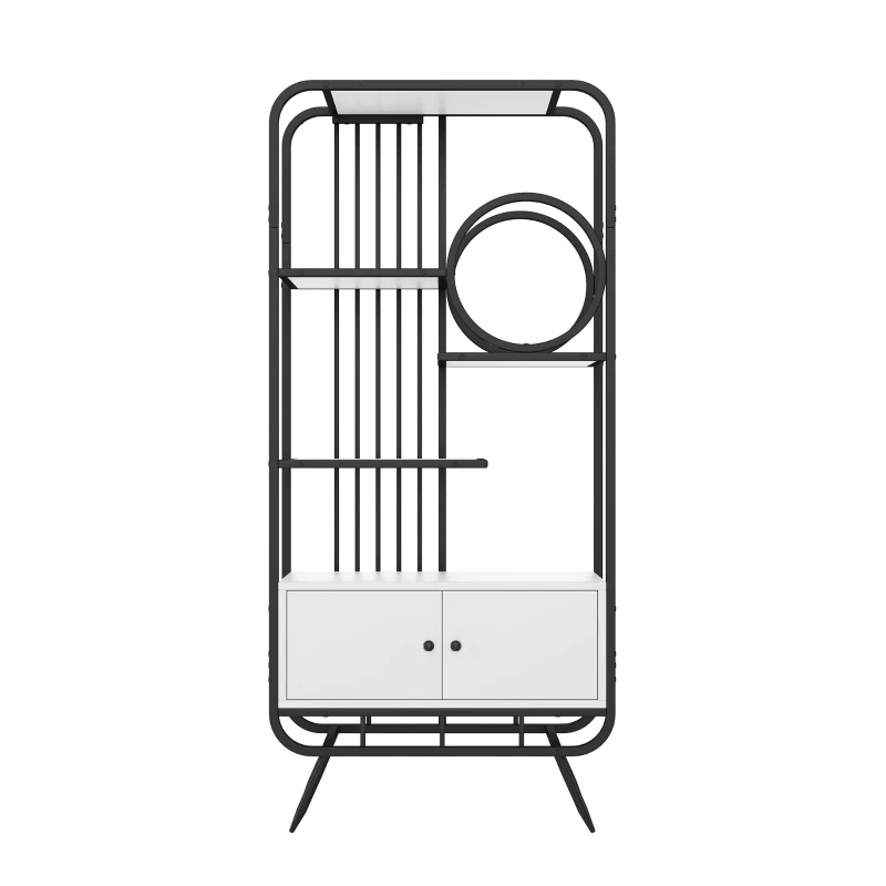 Metallregal mit drei Regalböden und runder Dekoration, weißer Lagerschrank mit Doppeltür, 80 x 30 x 180 cm, Weiß+Schwarz