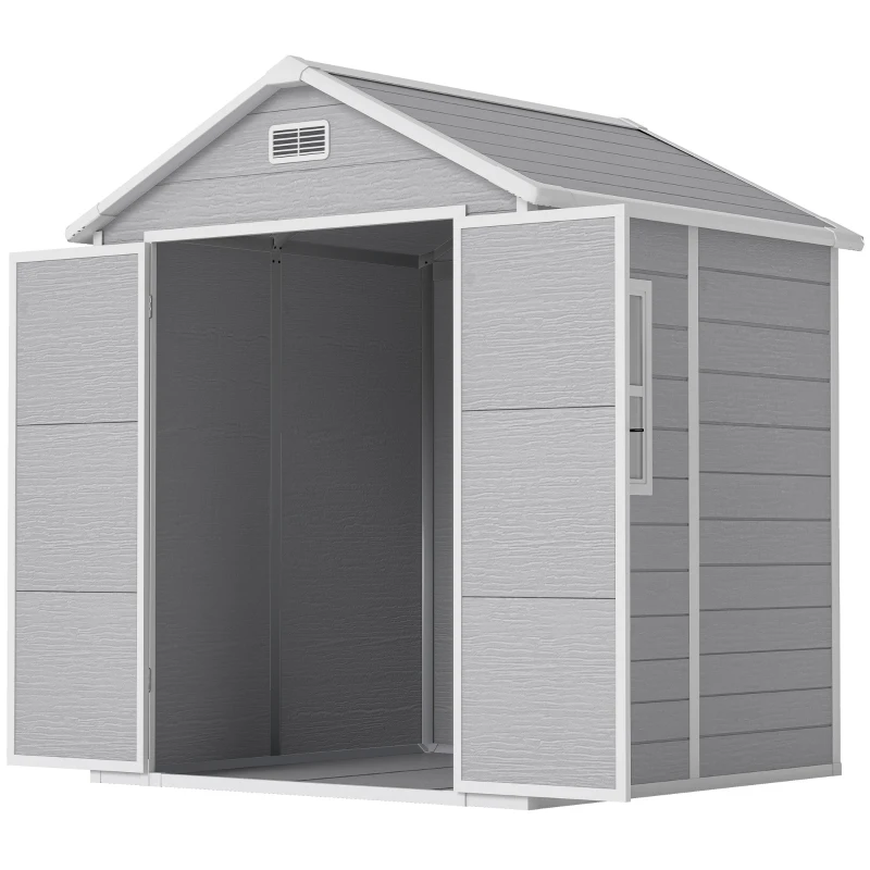 Outsunny 6 x 5ft Garden Shed, Plastic Shed with Floor, Window, Lockable Doors and Vents, Wood Effect Resin Tool Shed for Outdoor Patio, Dark Grey