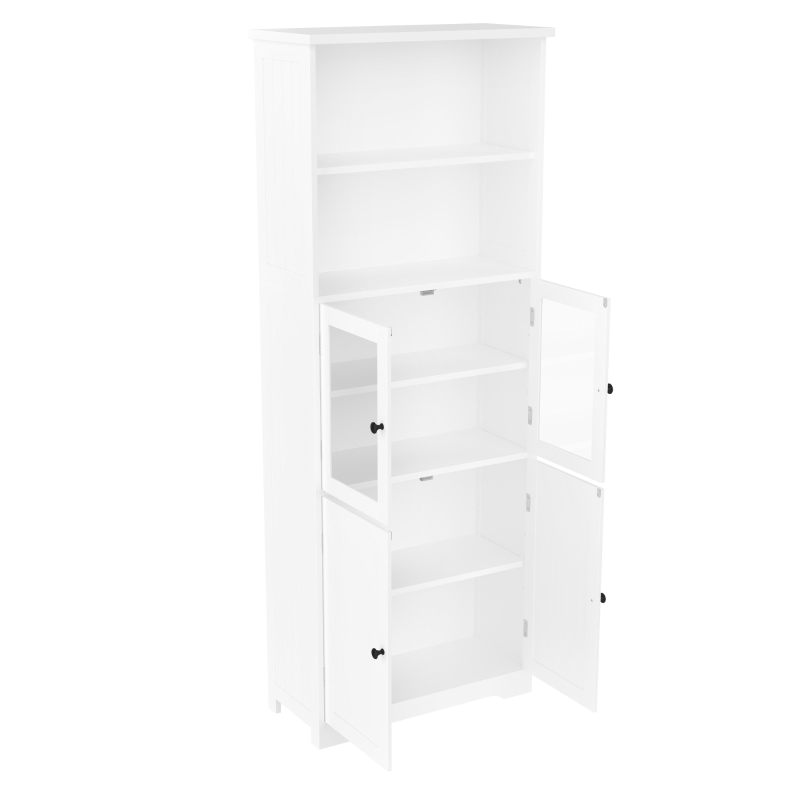 Badezimmer-Hochschrank mit Stauraum, Glasschranktür, Holzschranktür, verstellbare Trennwände, 57,4 x 28,4 x 162,5 cm, Weiß