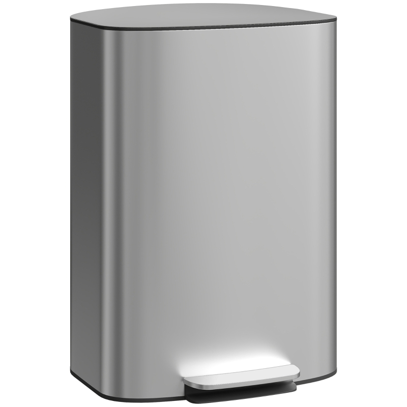 HOMCOM Pattumiera a Pedale da 50L con Coperchio Ammortizzato, Apertura a 90° e Secchio Rimovibile, Acciaio Inox, Grigio