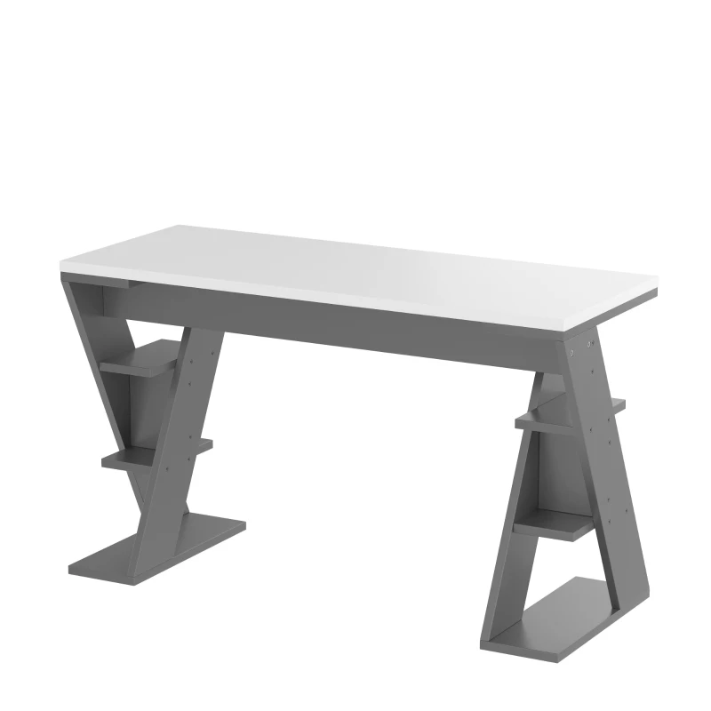 Einfacher Schreibtisch mit X-förmiger Halterung, Lagerregal mit sechs Positionen, 120 x 50 x 74 cm, Grau+Weiß