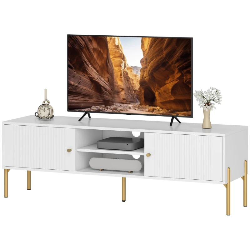 HOMCOM Meuble TV, meuble télé jusqu'à 65 pouces avec 2 portes, 2 compartiments ouverts, pieds en acier, 140x38x45,9cm, blanc