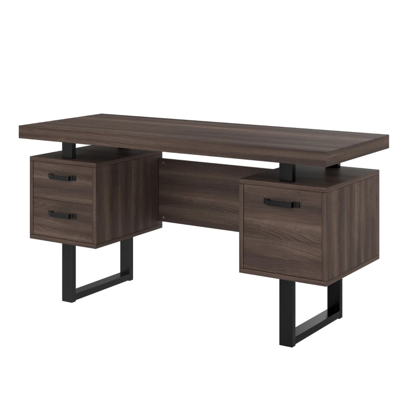 Einfacher Büroschreibtisch mit Schubladen, MDF und hochwertiges Metallrohr, geräumige Schreibtischplatte, effiziente Aufbewahrung, 135 x 54 x 76 cm, Schwarz+Braun