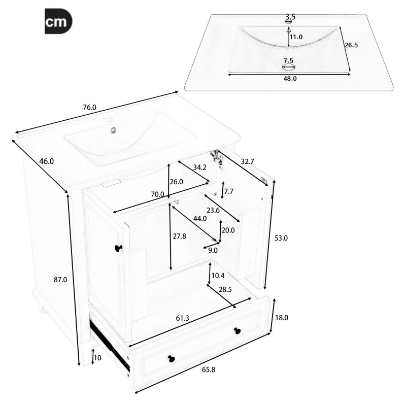 Badezimmerschrank mit Waschbecken, freistehend, großer Stauraum, 76 x 46 x 87 cm, Grau