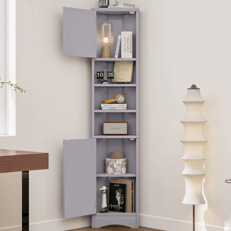 Dreieckiger Badezimmerschrank, verstellbare Einlegeböden und Doppeltüren, 37 x 24,5 x 170 cm, Grau