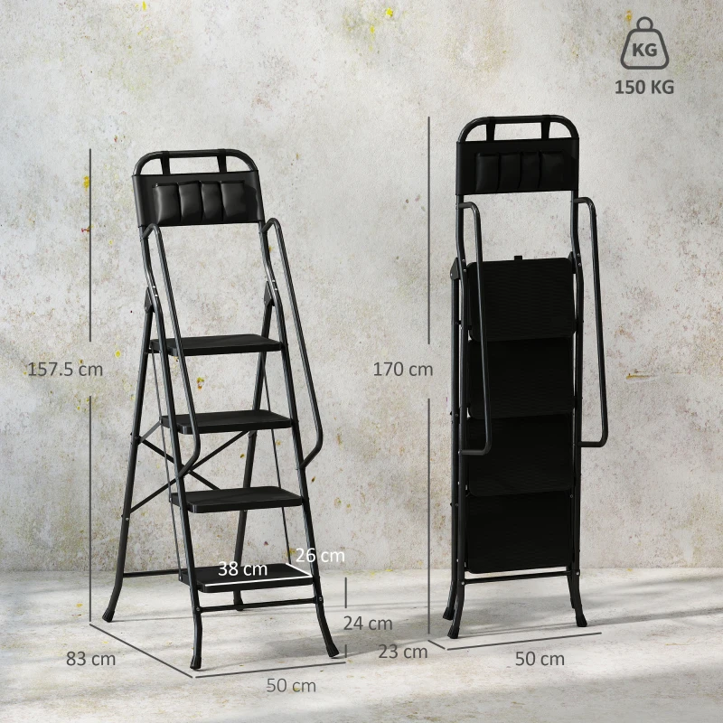 HOMCOM Escada Dobrável com 4 Degraus Apoio para os Braços e Suporte para Ferramentas 50x83x157,5 cm Preto