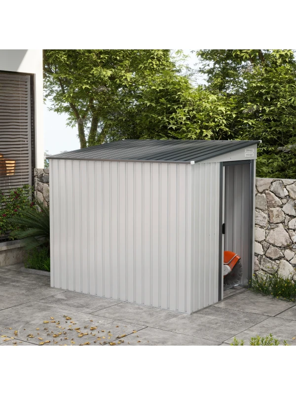 Outsunny Magazie Grădină din Oțel, Ușă Glisantă, pentru Căsuță de Unelte, Căsuță de Grădină, 154x206.5x160/181 cm, Albă