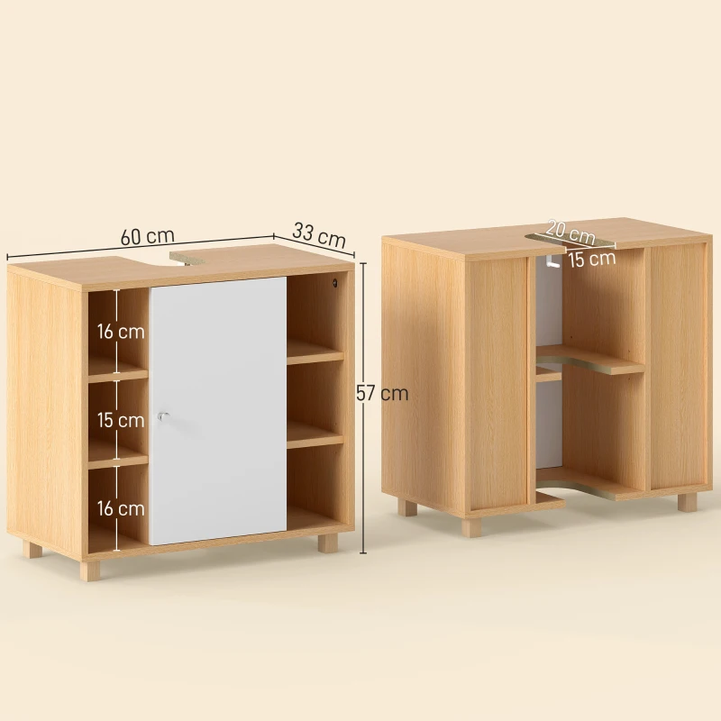 HOMCOM Meuble sous-vasque 2 portes à fermeture douce et 6 étagères — 60×33×57 cm, blanc/bois
