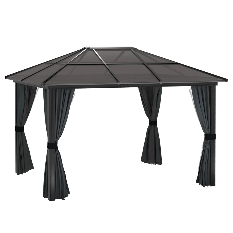 Outsunny 3 x 3.6m Hardtop Gazebo Canopy with Polycarbonate Roof, Aluminium Frame, Permanent Pavilion Garden Gazebo with Netting and Curtains for Patio, Deck, Dark Grey