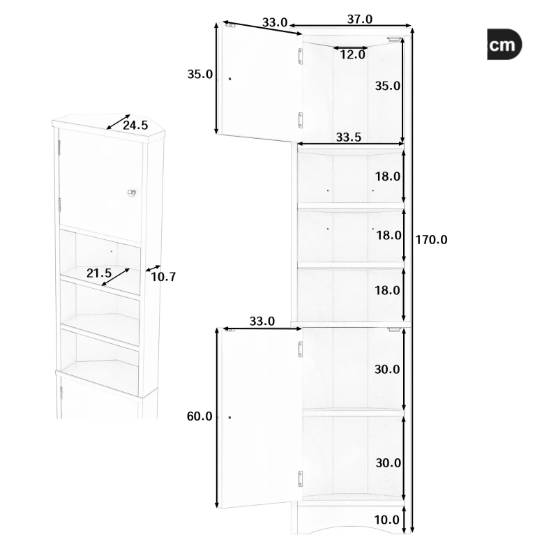 Dreieckiger Badezimmerschrank, verstellbare Einlegeböden und Doppeltüren, 37 x 24,5 x 170 cm, Grau