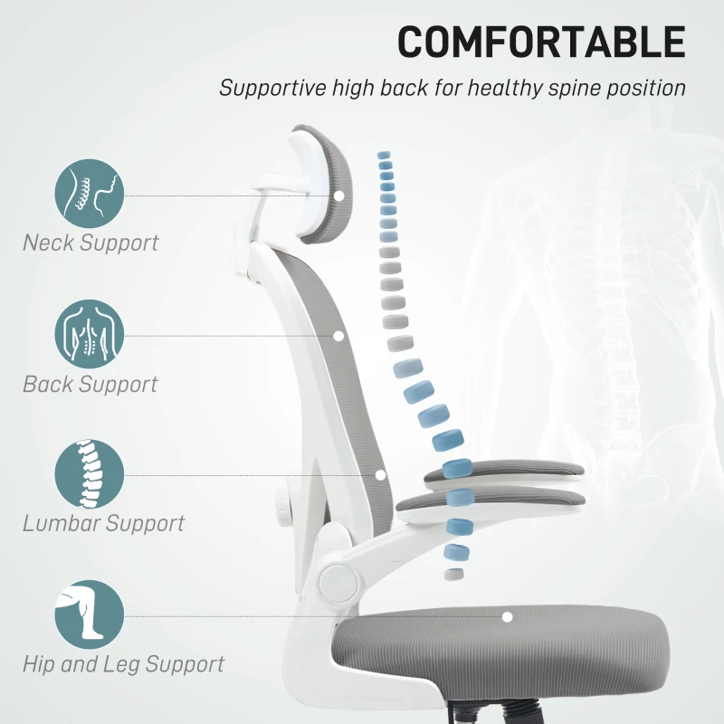 HOMCOM Executive Office Chair, Ergonomic Mesh High Back Desk Chair with Flip-up Armrest, Rotatable Headrest, Adjustable Lumbar Support for Home Study, Grey