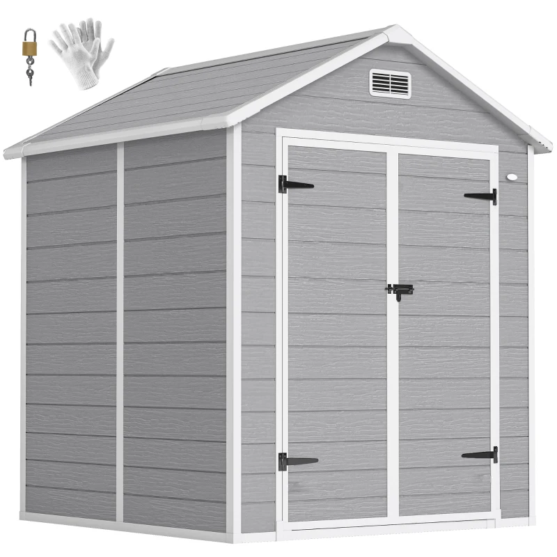 Outsunny 6 x 5ft Garden Shed, Plastic Shed with Floor, Window, Lockable Doors and Vents, Wood Effect Resin Tool Shed for Outdoor Patio, Dark Grey