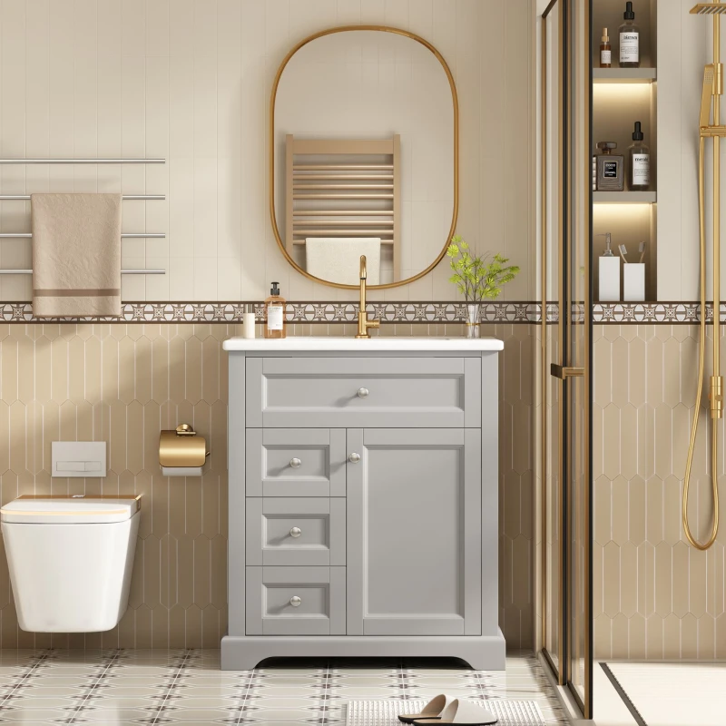 Badezimmerschrank 76cm Bodenstehender mit Waschbecken Feuchtigkeitsbeständig Stauraum Grau