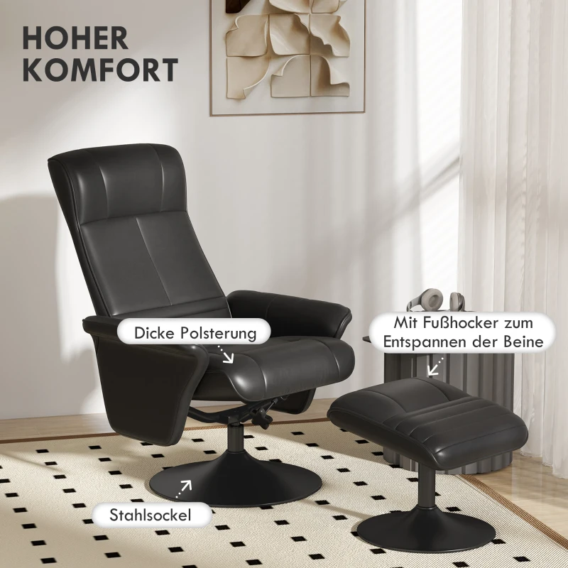 HOMCOM Polsterfauteuil, Accentstoel met Voetenbank, Draaibaar, Ergonomisch, Microvezeldoek, tot 150 kg, Zwart