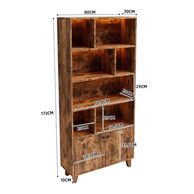 Bücherregal mit LED-Farbwechsel-Ambientelicht, Doppeltüren und mehreren Ablagefächer 80cm für Bücherkammer Braun