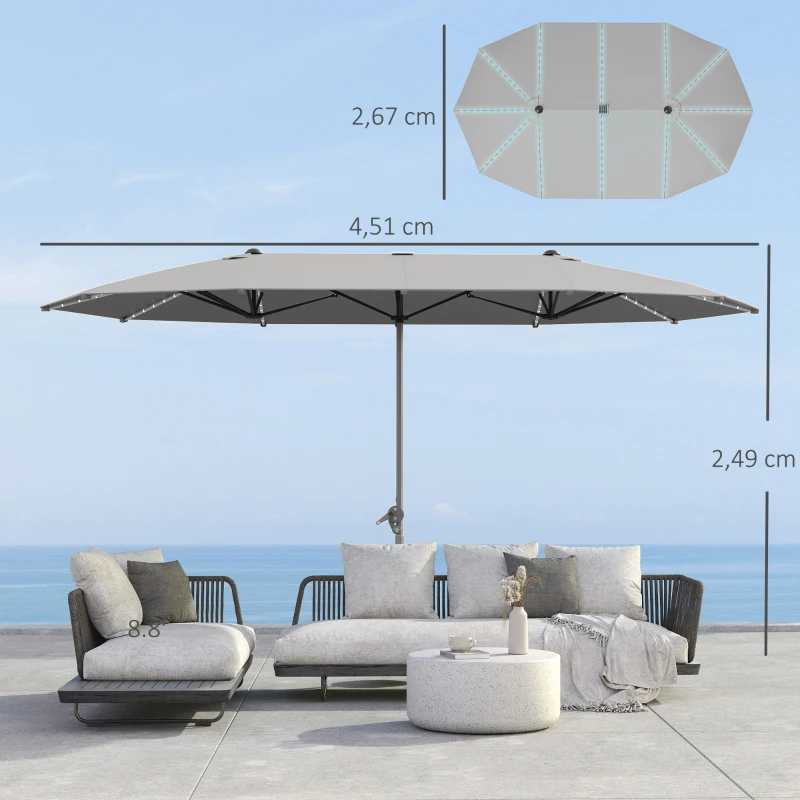Outsunny Dubbele Parasol met Zonne-energie Verlichting, Aluminium, Polyester, UPF50+ Bescherming, UV-bestendig, Terras Parasol, Donkergrijs(m-3)