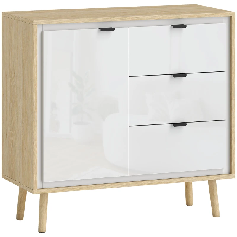 HOMCOM Aparador de Sala Moderno com 3 Gavetas Prateleira Ajustável e Pés em Madeira 80x35x77 cm Branco Brilhante e Carvalho