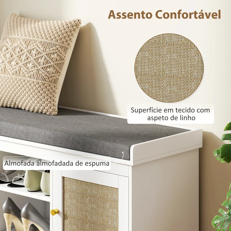 HOMCOM Banco Sapateira com Assento Acolchoado Portas em Vime e Prateleira Aberta para 9 Pares de Sapatos 105x35x47 cm Branco