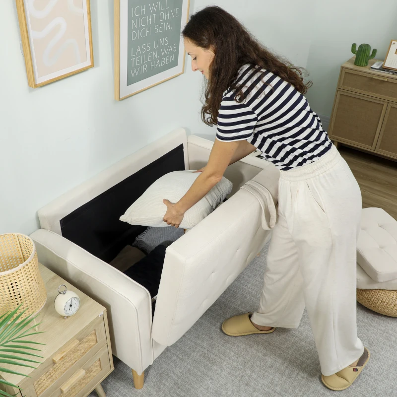 HOMCOM 2-zitsbank met opbergruimte en knoopgestikte rug, fluweel, 117×62×78 cm, crèmewit(m-7)