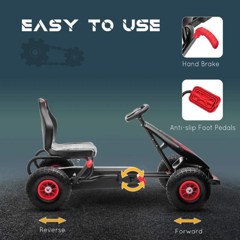 Kids Pedal Go Kart, with Adjustable Seat, Inflatable Tyres - Red