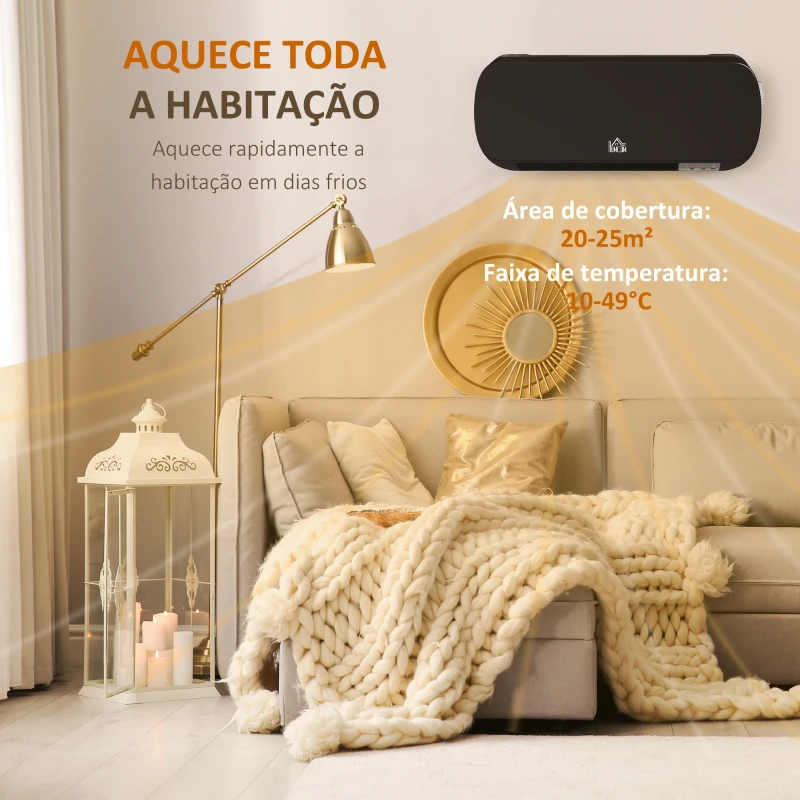 HOMCOM Aquecedor Cerâmico de Parede 1000W/2000W com Controle Remoto 3 Modos de Aquecimento Temporizador de 12h Termostato e Proteção contra Superaquecimento 45x18,6x11,5 cm Preto