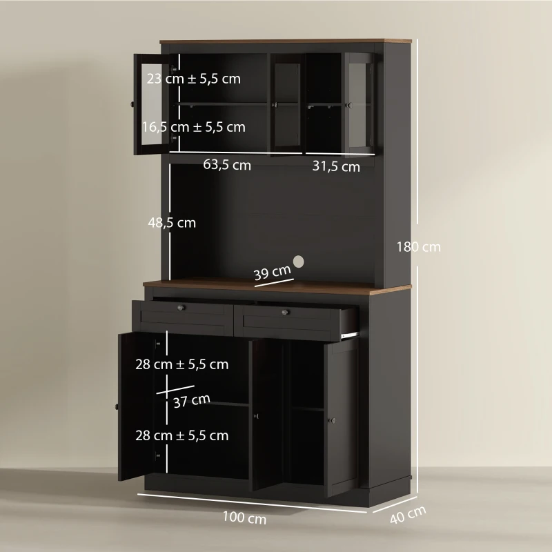HOMCOM Buffet haut cuisine, armoire de cuisine, 6 portes, 2 tiroirs, plan de travail, étagères réglables, 100x40x180cm, noir(m-3)