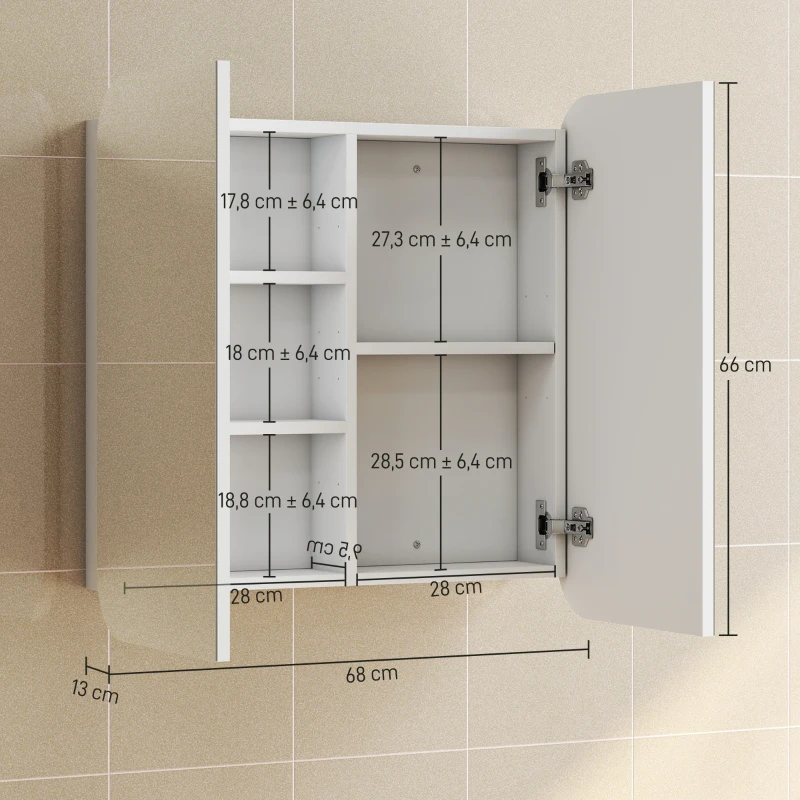 HOMCOM Armário de Casa de Banho com Espelho Design com Bordas Curvas com Prateleiras Ajustáveis 68x13x66 cm Branco