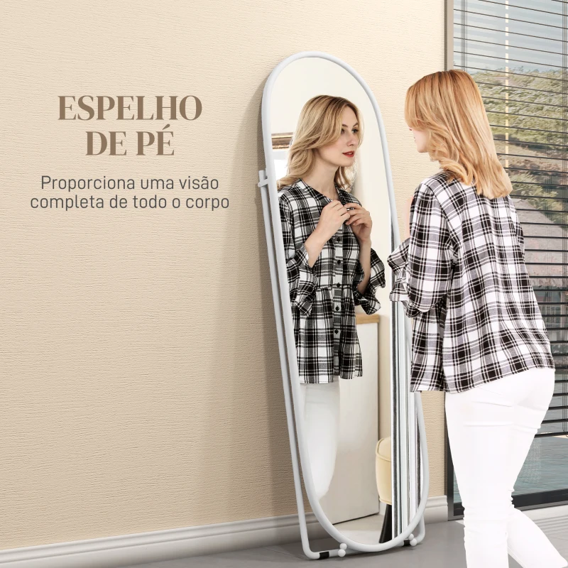 HOMCOM Espelho de Pé Oval 160x40 cm Espelho de Corpo Inteiro com Moldura Metálica Suporte e 2 Formas de Utilização Branco