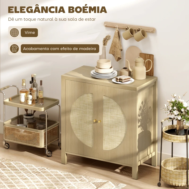 HOMCOM Aparador de Cozinha com 2 Portas de Vime Sintético Móvel Auxiliar de Cozinha com Prateleira Ajustável 75x38x77 cm Madeira