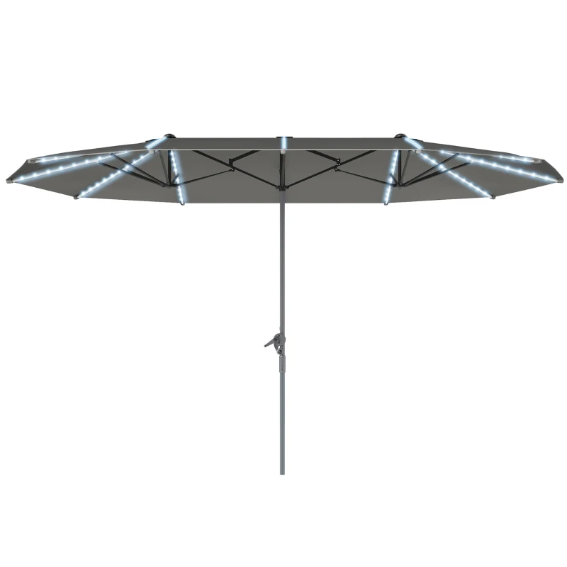Outsunny Dubbele Parasol met Zonne-energie Verlichting, Aluminium, Polyester, UPF50+ Bescherming, UV-bestendig, Terras Parasol, Donkergrijs(m-1)
