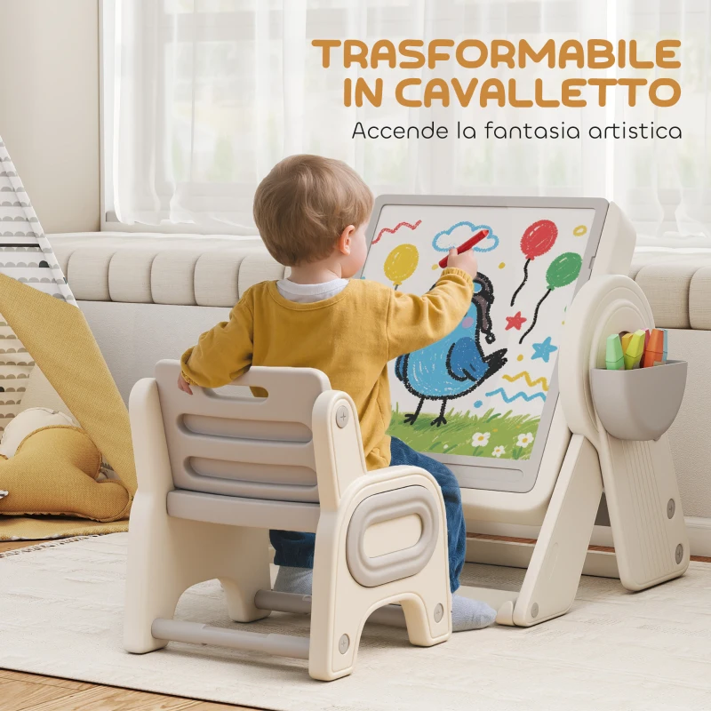AIYAPLAY Tavolo Multiuso per Bambini con Ripiano Contenitore e Cassetti, in HDPE e PP, Grigio e Bianco