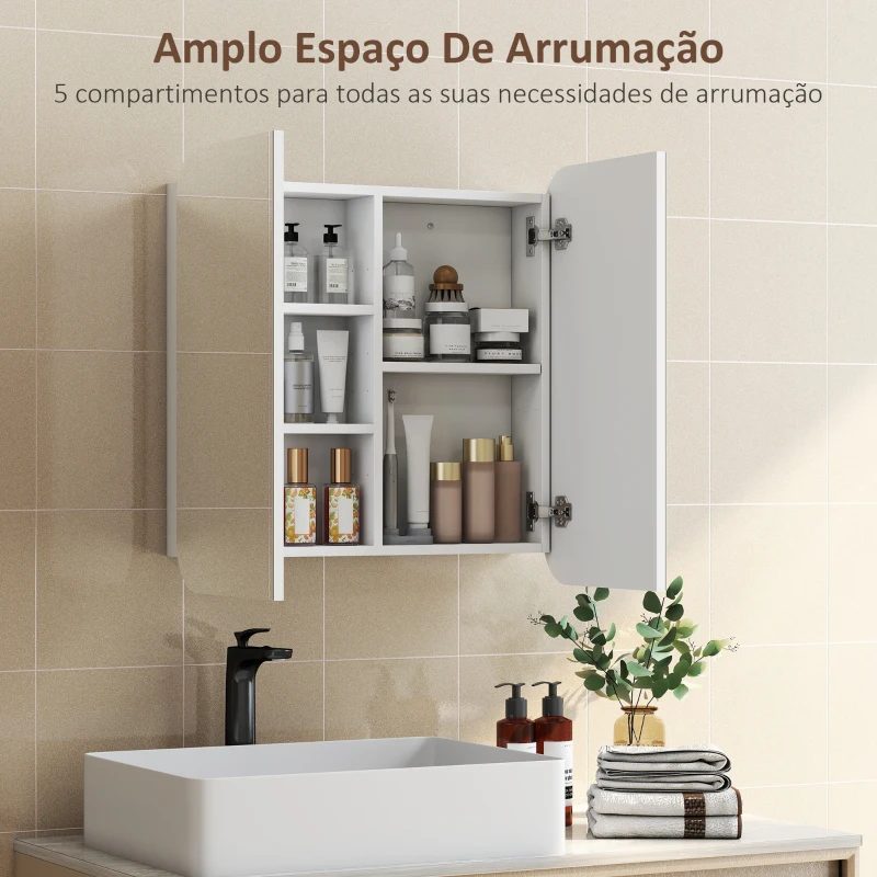HOMCOM Armário de Casa de Banho com Espelho Design com Bordas Curvas com Prateleiras Ajustáveis 68x13x66 cm Branco