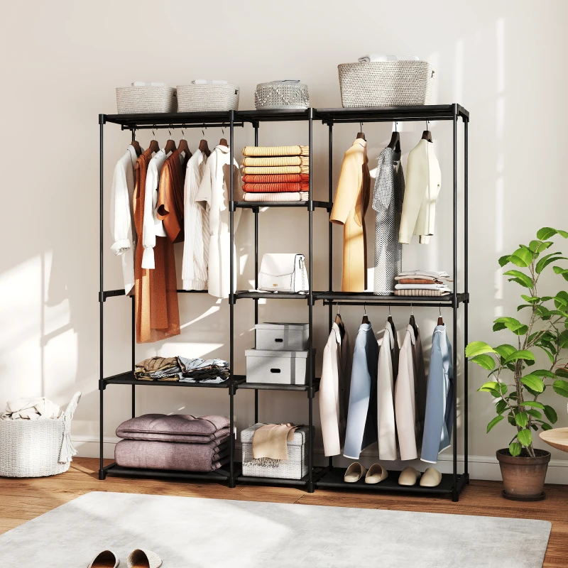 HOMCOM Dulap Garderobă din Material Textil cu 8 Rafturi și 3 Bare pentru Agățat, 182x43x185 cm, Negru