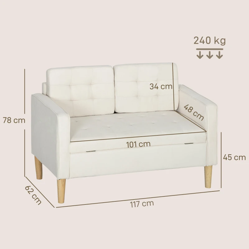 HOMCOM 2-zitsbank met opbergruimte en knoopgestikte rug, fluweel, 117×62×78 cm, crèmewit(m-3)