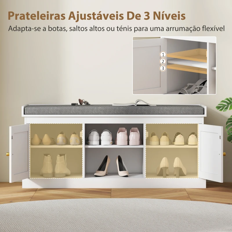 HOMCOM Banco Sapateira com Assento Acolchoado Portas em Vime e Prateleira Aberta para 9 Pares de Sapatos 105x35x47 cm Branco
