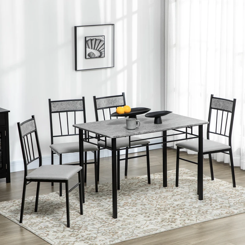 HOMCOM Five-Piece Marble Effect Dining Table Set - Grey/Black